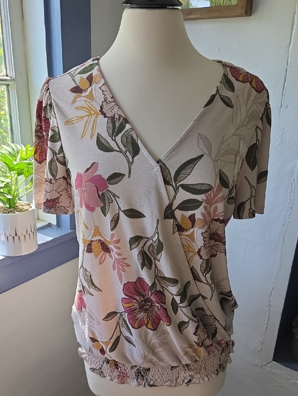 NAIF Floral V-Neck Wrap Top - Cream, Pink & Green